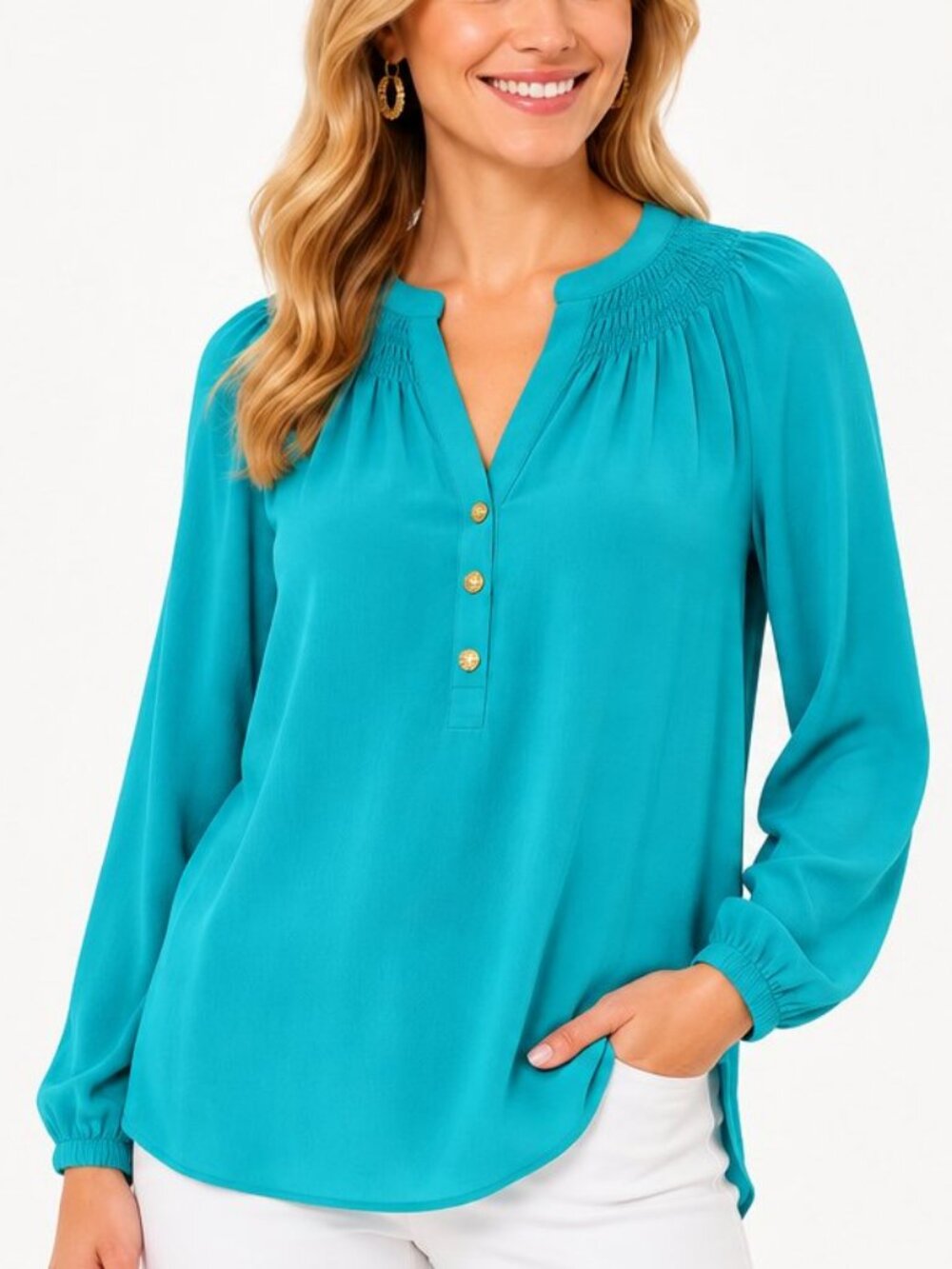 Lilly Pulitzer Elsa Silk Top Women M Aqua Turquoise Blue Long Sleeve Blouse